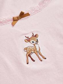 ROMWE J-Fashion Spring/Summer Cute Deer Embroidered Lace Blouse Paired With Deer Print Flare Pants, Autumn/Winter - Pink - View 2