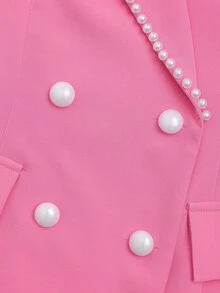 Franclia 女士玫红色翻领泡泡袖长袖珍珠饰边上衣，女士修身双排扣西装外套+拉链直筒西装裤，优雅两件套西装，女士冬季服装，新年服装，白色新年装，派对，海滩，优雅，休闲，女士休闲装，浪漫，情人节，约会，毕业季服装，时尚休闲通勤装，商务办公装，百搭时尚日常休闲装，都市教师职业装 - 粉色 - 查看 6