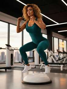Innovista Women's Teal Green Summer Athleisure Gym Seamless Workout Jumpsuit With Built-In Bra,Geometric Racing Stripe Yoga Romper,Tummy Control Exercise Suit - Dark Green - View 9