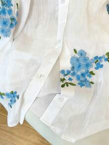 Airaco Áo sơ mi dài tay thêu hoa lãng mạn, giản dị, thời trang nữ - Màu xanh lam - Xem 3