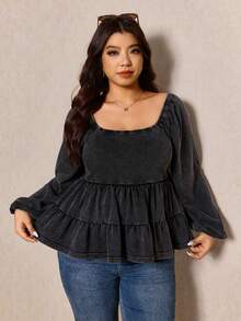 Elaquor Plus Size Women Square Neck Lantern Sleeve Ruffle Hem Casual Dark Grey T-Shirt Casual Shirt For Women Casual For Women - Black - View 5