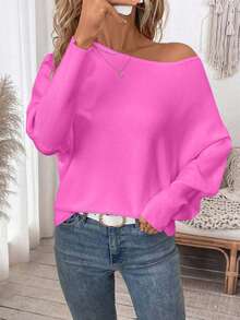 SHEIN Plus Size Women's Casual Off-Shoulder Batwing Sleeve Solid Color Knit Sweater, Loose Pullover Top For Autumn/Winter - Baby Pink - View 4