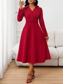 SHEIN Lady Elegant Commuter Solid Color Waist Cinched Burgundy Dress - Burgundy - View 9