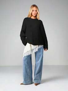 MISSGUIDED 宽松羊毛圈绒套头毛衣，舒适保暖，适合秋冬季叠穿，圆领长袖 - 黑色 - 查看 5