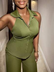 Lineaform Women's Elegant Summer Olive Green Sleeveless Backless Jumpsuit,Lapel High Waist Wide Leg Style For Night Out,Wedding,Gala,Commuting,Holiday,Parties - Army Green - View 5
