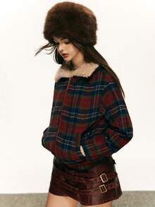 Rina Fox Áo khoác cardigan cổ lông cừu kẻ sọc Giáng sinh thường ngày dành cho nữ, mùa thu/đông - Đỏ - Xem 3