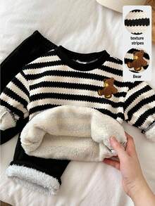 LMoss Kids 2pcs Baby Boy Striped Crew Neck Sweatshirt And Pants Set, Thermal Lined, Thickened, Autumn/Winter - Multicolor - View 1