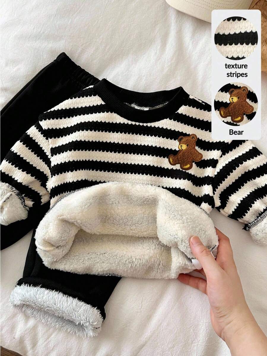 LMoss Kids 2pcs Baby Boy Striped Crew Neck Sweatshirt And Pants Set, Thermal Lined, Thickened, Autumn/Winter - Multicolor - View 1
