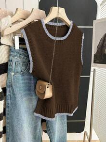 Franclia Casual Loose Crew Neck Sleeveless Contrast Trim Knit Top For Women, Spring/Autumn - Multicolor - View 4