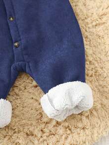 Baby Boys Thermal Lined Jumpsuit, Thickened Warm Turtleneck Long Sleeve Outfit, Comfortable Versatile Casual Cute Simple Basic Style, Suitable For Indoor, Outdoor, Daily Wear, Sports, Play, Party, Photo Shoot, Halloween In Autumn/Winter - Navy Blue - View 8