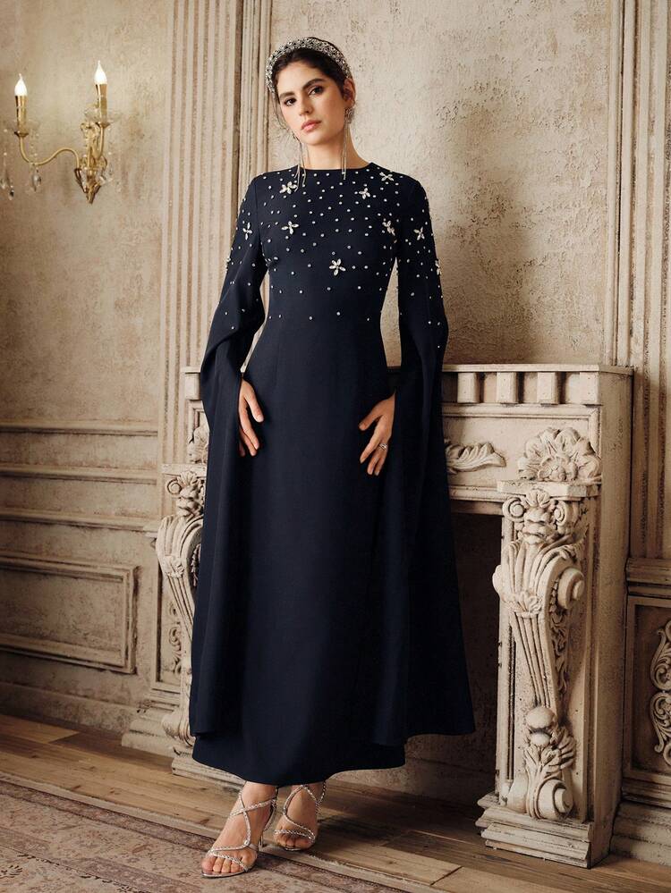 Women's Elegant New Navy Blue Formal Long Dress, Suitable For Banquet, Birthday Party, Cocktail Party, Winter Beaded Dress