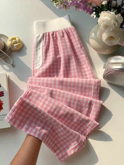 Comfortcana 2025 New Fall/Winter Fashionable Women's Casual Plaid Print Minimalist Daily Wear Pants Winter For Women Christmas Women New Year Women Casual For Women Pink Pants Pink Checkered Pants Gingham Wide Leg Pants