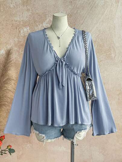 Soleia Plus Size Women V-Neck Bowknot Front Split Ruffle Hem Loose Textured Casual T-Shirt, Green, Back To School Cute Lunch Casual Style