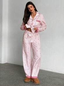 Aloruh Striped Heart Print Lapel Collar Pink Button Up Top & Pants Pajama Set, Fall Clothes Cozy And Elegant Details Women Pink Heart Striped Pajama Set, Winter Clothes - Baby Pink - View 3