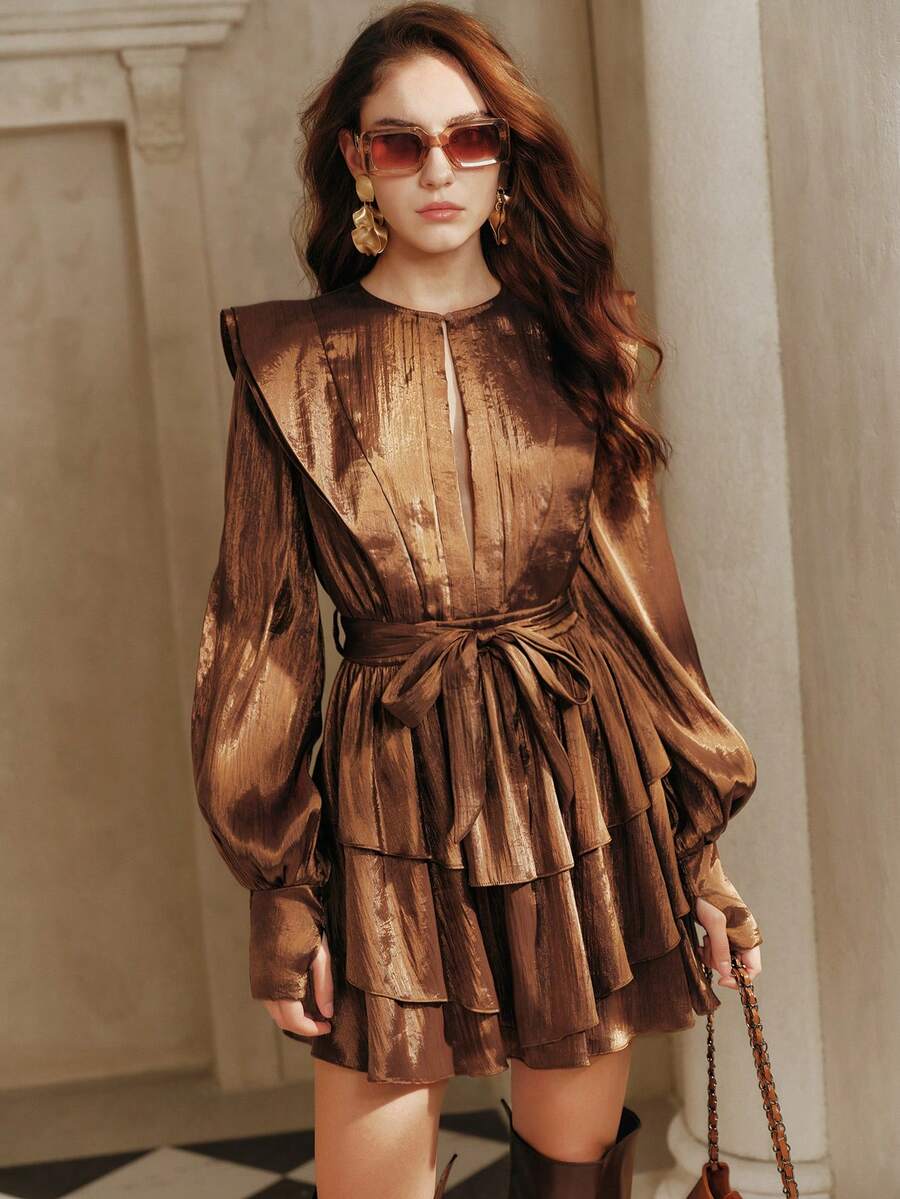 SHEIN Unity 新款春季女士优雅浪漫灯笼袖荷叶边蛋糕裙连衣裙，系腰短款连衣裙，适合派对和闪亮场合 - 棕色 - 查看 1