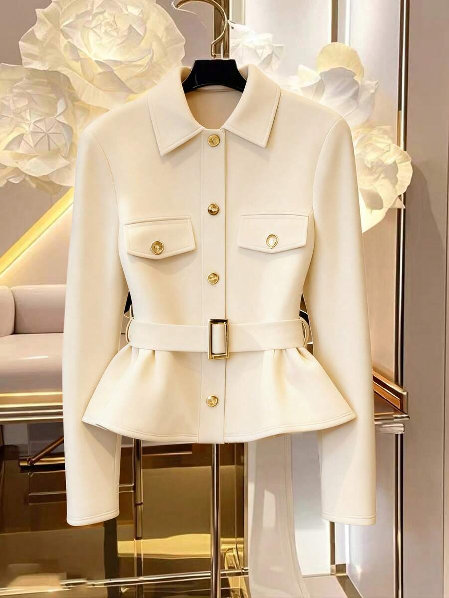 Franclia Áo khoác dài tay bo eo thanh lịch dành cho nữ có túi giả, Thu/Đông - Màu be - Xem 1