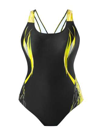 Swim SPRTY Plus Size Women One-Piece Printed Swimsuit, Fashionable All-In-One Beach Vacation Casual Swimwear