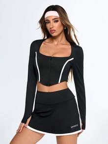 Eassivo Eassivo T-shirt de sport ajusté à manches longues et zip avant pour femmes - Noir - Voir 3