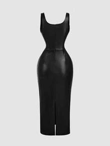SHEIN MOD Große Größen PU-Leder Damen Braun Kleid, Cocktailkleider für Damen, Geburtstagskleid für Damen, Winterkleid, Herbstkleid, elegante Kleider für Partys, Abendkleid, Chic Hochzeitskleid - Schwarz - Übersicht 2