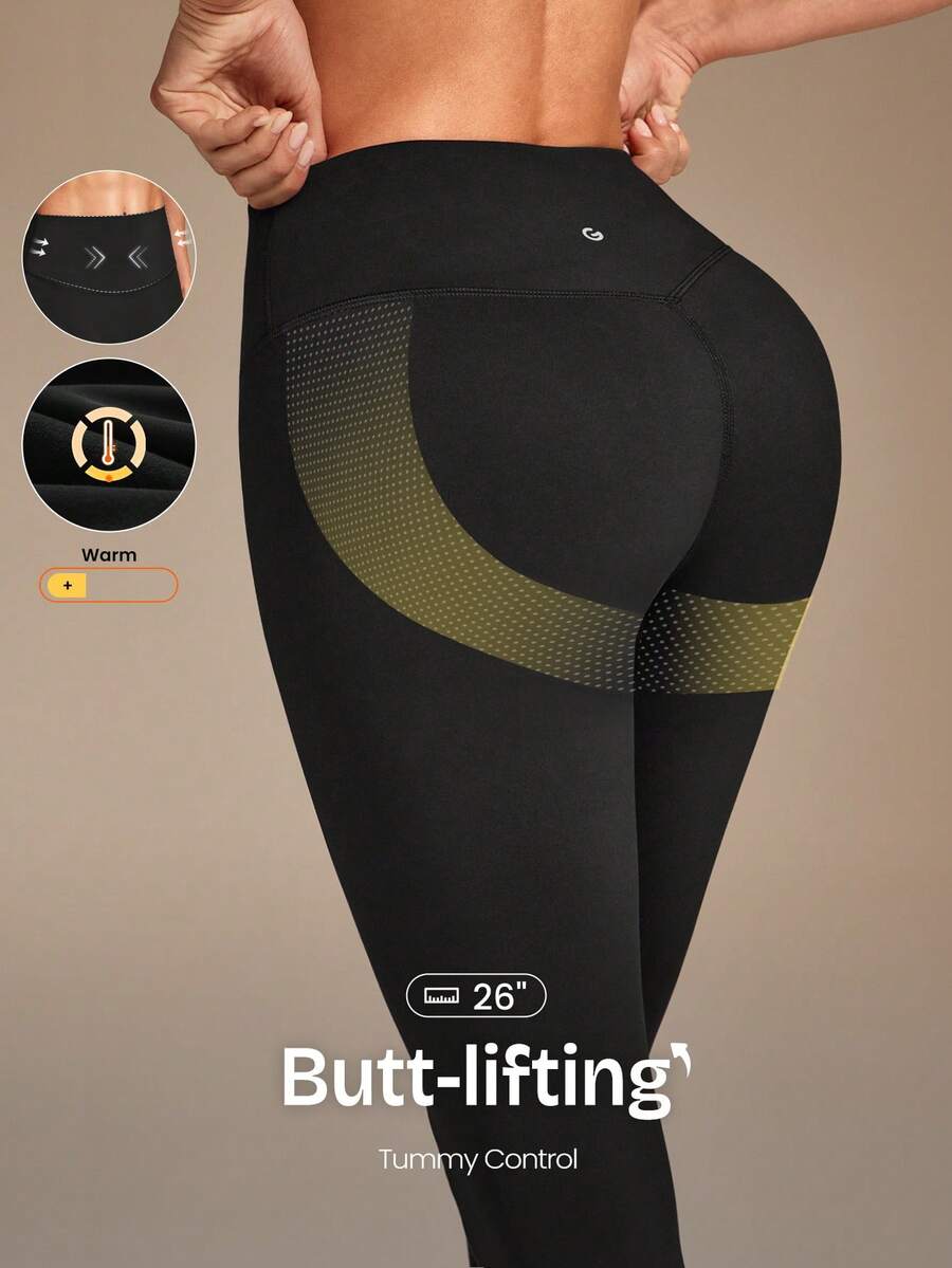 GLOWMODE 26英寸 FeatherFit™ 保暖冬季柔软弹力3D塑形紧身裤，秋冬季户外瑜伽馆日常休闲穿着 - 黑色 - 查看 1