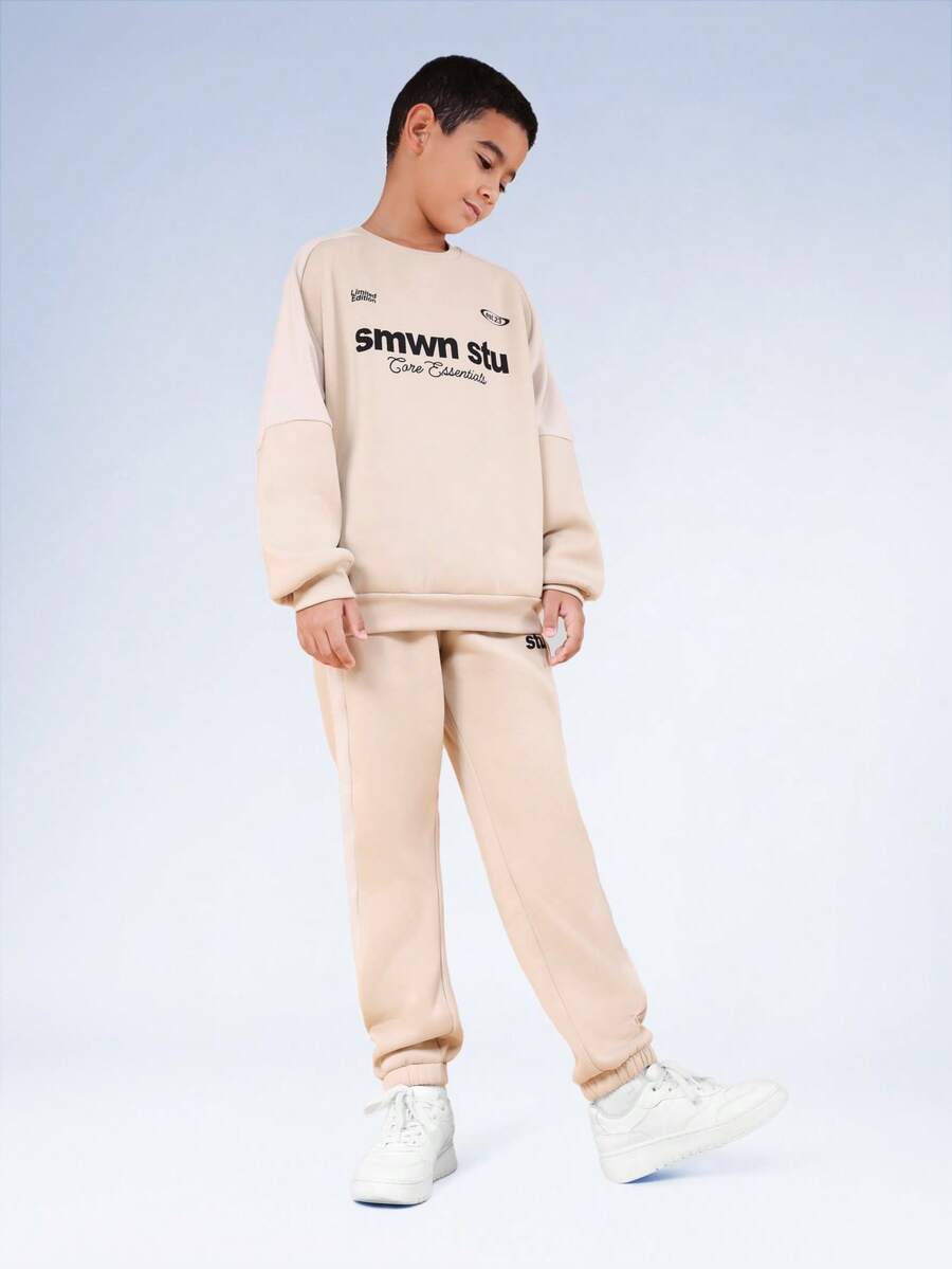 SUMWON Boys Casual Crew Neck Sweatshirt And Joggers Coordinated Set With Hood Vacation - Apricot - View 1