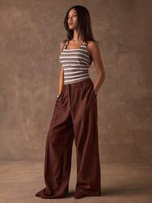 SHEIN BAE Women's Brown Striped Backless Beaded Patchwork Slim-Fit Camisole,Bohemian Style Music Festival Tank Top,Beige,Summer,Boho Chic,Vacation,Holiday - Brown - View 4