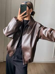 DAZY Chaqueta de cuero con cremallera estilo retro americano, abrigo de cuero versátil de corte holgado para mujer - Marrón - Ver 4