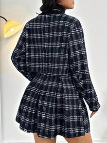 Firerie Plus Size Women's Elegant Commuter Workwear Sophisticated High-End Afternoon Tea Slightly Sexy Date Music Concert Collegiate Vintage Black & White Plaid Print Long Sleeve Jacket & Pleated Mini Skirt, Back To School Outfit Flannel Wednesday Addams In Fall/Winter Skirt And Jacket Set 2 Piece Sets Ladies Plaid Two Piece Set Blazer Skirt Set Tweed Two Piece Set Shirt And Skirt Set - Blue and White - View 3