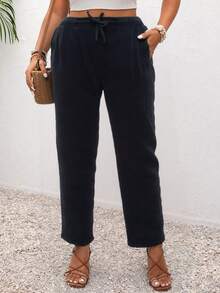 CosyJoli 大码休闲水洗雪花口袋修身裤 - 黑色 - 查看 7