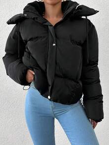 EURMUSE Solid Color Hooded Padded Jacket With Side Pockets And Drawstring Hem - Black - View 5