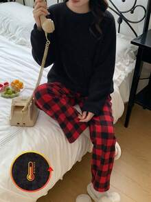 2 件女童格子羊毛长裤和长袖休闲睡衣套装，兄弟姐妹装搭配服装（2 套单独出售） - 黑色 - 查看 1