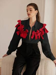 Aveloria 法式风格甜美浪漫双色 3D 蝴蝶结装饰女童长袖衬衫女士秋季衬衫，节日派对服装可爱有趣的纽扣衬衫女士