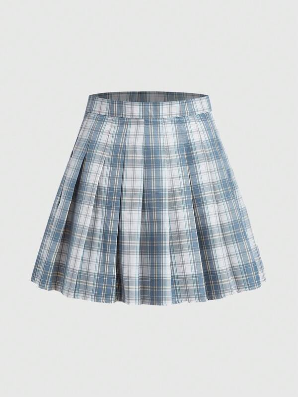 J-Fashion Plaid Print Pleated Skirt, School