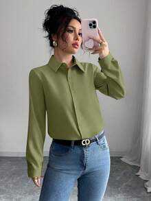 Elenzga Áo sơ mi dài tay trơn màu giản dị, mùa thu - Màu xanh Ô liu - Xem 5
