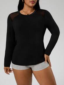 Rhythm Era 大码纯色网眼拼接圆领修身长袖运动T恤