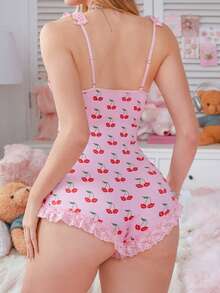 樱花蕾丝边饰牛奶丝束腰连体裤，荷叶边下摆，性感优雅 - 粉色 - 查看 2