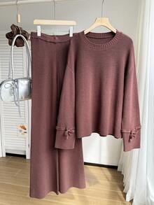Teen Girl Solid Color Round Neck Bow Decor Sweater & Knit Pants Cute Set,Korean Brown Outfits For Back-To-School Burgundy Autumn Holiday Cute - Coffee Brown - View 8