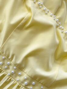 Cravure 大码女装新款长款喇叭袖奢华重工装饰闪亮手工水晶珍珠褶皱喇叭下摆修身优雅浪漫约会派对连衣裙 - 鵝黃色 - 查看 8