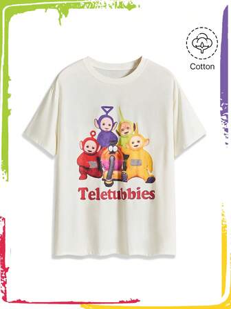 Teletubbies X ROMWE Camiseta de manga corta de cuello redondo con estampado de dibujos animados, suelta y casual, para mujer de talla grande, de verano