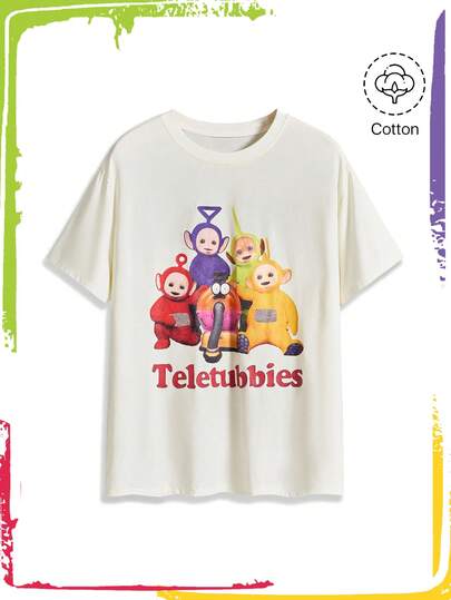 Teletubbies X ROMWE تي شيرت نسائي كاجوال فضفاض بطبعة كرتونية، رقبة دائرية، أكمام قصيرة، مقاسات كبيرة، صيفي