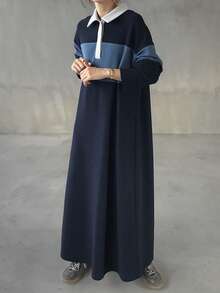 FRIFUL Đầm nữ phối màu cổ polo tay dài vai rớt dáng suông rộng rãi, thoải mái, đa năng cho mùa thu/đông. - Màu xanh lam - Xem 1