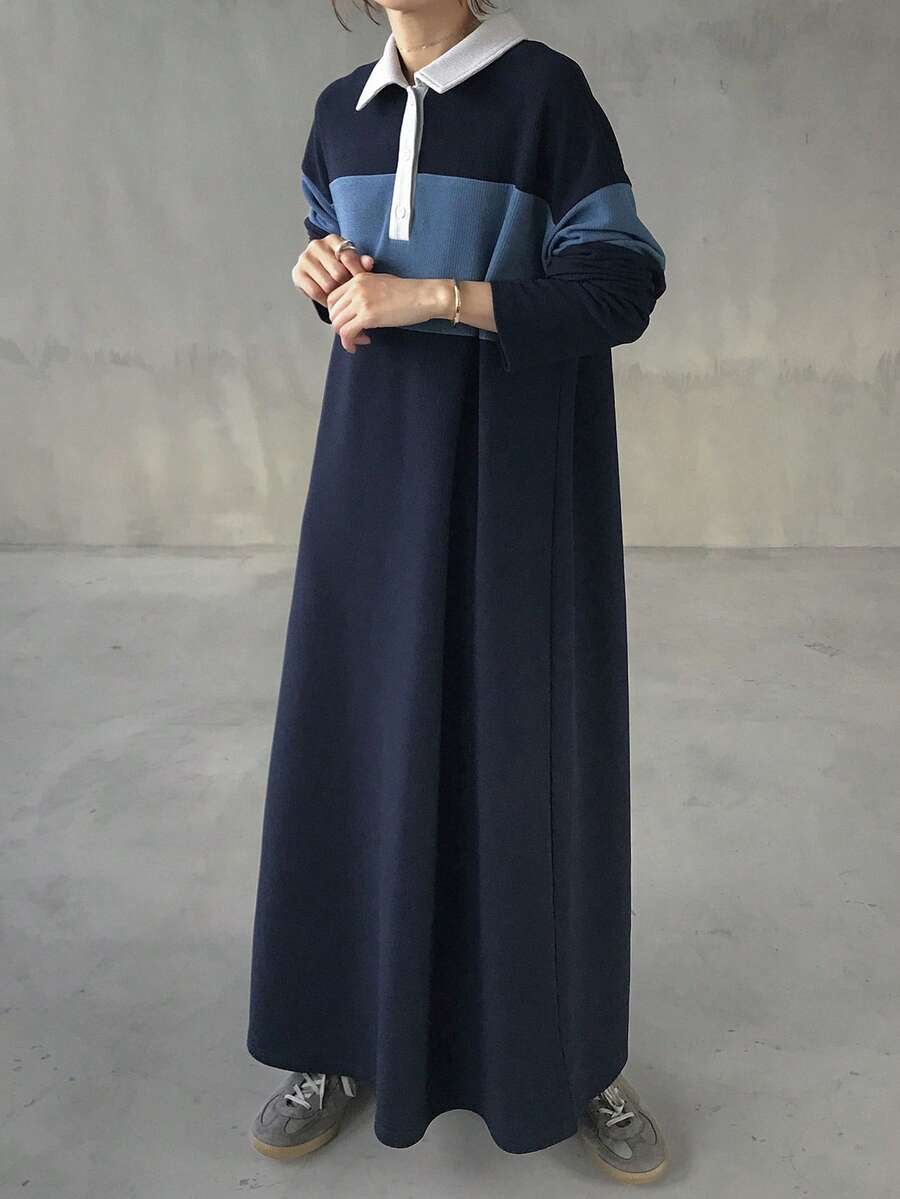FRIFUL Đầm nữ phối màu cổ polo tay dài vai rớt dáng suông rộng rãi, thoải mái, đa năng cho mùa thu/đông. - Màu xanh lam - Xem 1