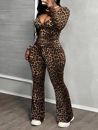 Slaydiva Casual Leopard Print Plus Size Notched Collar Long Sleeve Fitted Flare Pants 2 Pieces Set, Suitable For Autumn/Winter