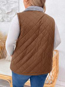 EMERY ROSE 大码女式纯色拉链前开式保暖背心外套，冬季 - 棕色 - 查看 2
