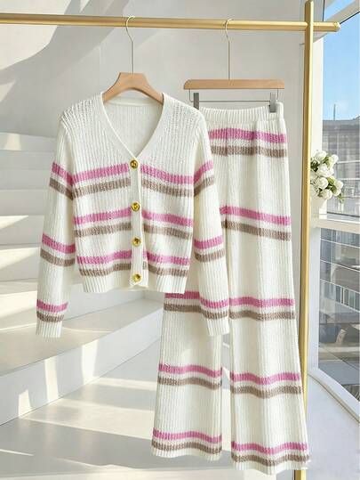SHEIN 2pcs/Set Girls Sweater Set, Versatile V-Neck Colorblock Striped Cardigan Paired With Matching Straight Knit Pants, Casual Sporty Style, Regular Thickness, Neat Hemline And Cuffs, Soft & Comfortable, Vibrant Colors, Well-Crafted, Smooth Texture, Suitable For Daily Wear, Home, Outings, School In Autumn/Winter