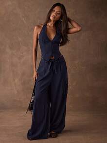 SHEIN BAE 女士V领露背吊带拉链修身背心 - 藏蓝色 - 查看 3