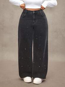 Truni Plus Size High Waist Pockets Casual Straight Loose Fit Versatile Jeans, For Pear Triangle Body Shape - Black - View 6