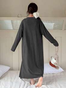 DAZY 少女蕾丝拼接吊带睡裙睡袍套装，秋季款 - 灰色 - 查看 2