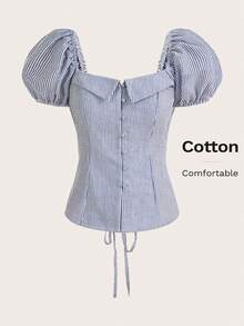 COSMINA Gingham Print Button Front Puff Sleeve Blouse,Short Sleeve Tops