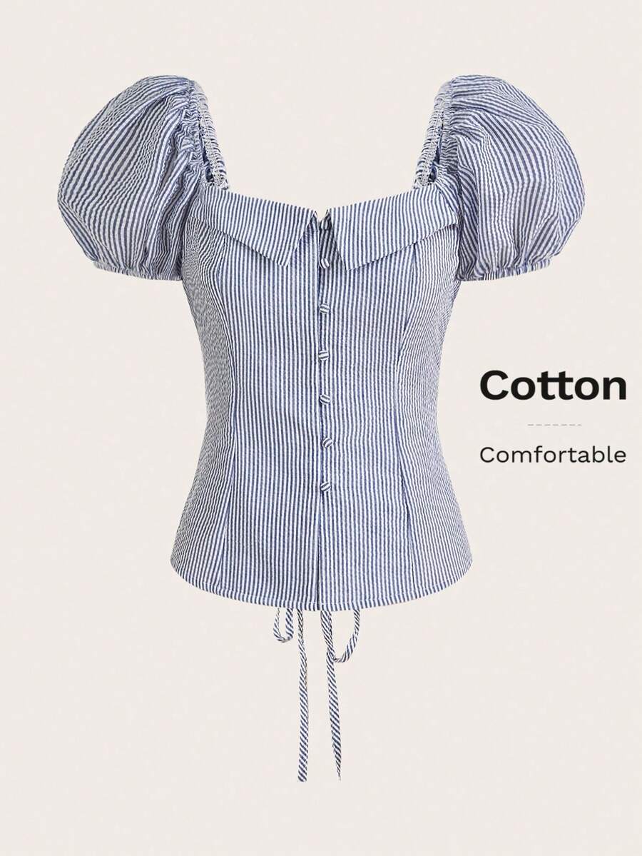 COSMINA Gingham Print Button Front Puff Sleeve Blouse,Short Sleeve Tops